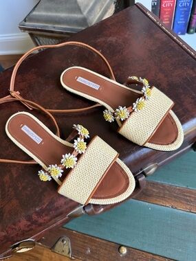 Women's Fabrizio Viti Tan & Natural Floral Raffia Slide Sandals Size 7